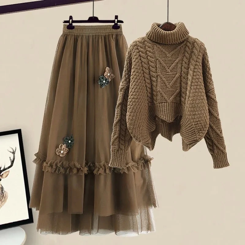 

Large Size Autumn Winter Suit For Women 2022 New Korean Age Reducing Loose Knit Sweater Elegant Yarn Skirt Two Piece Skirt Sets