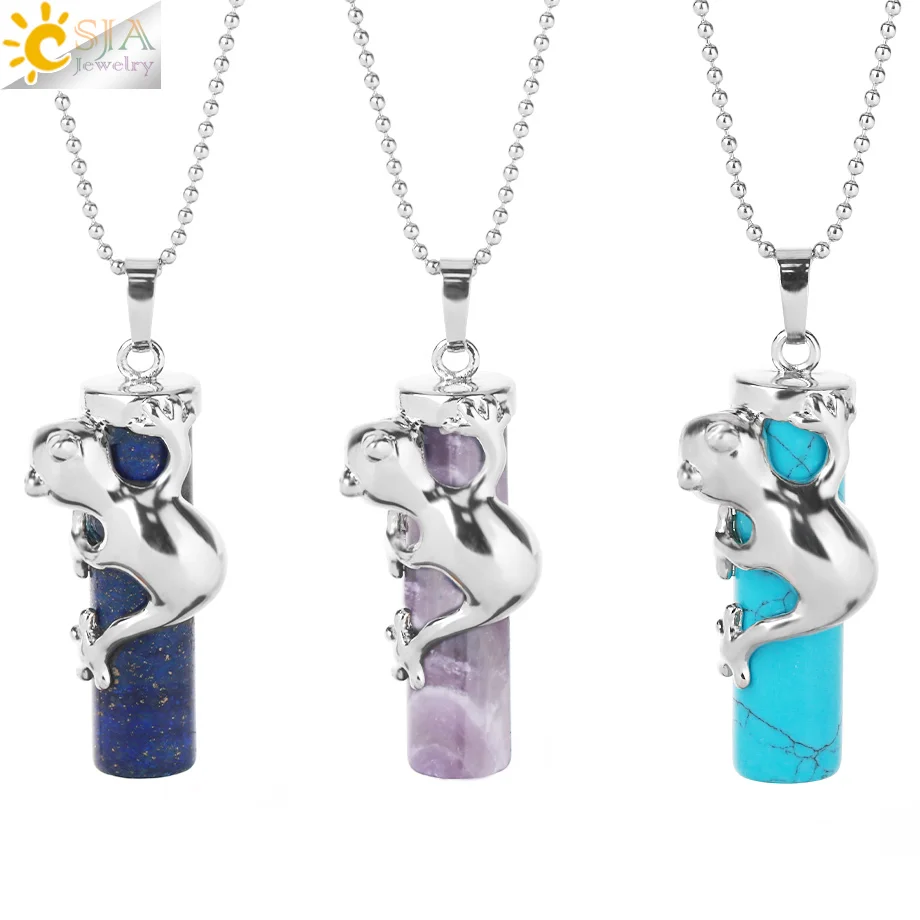 CSJA Fashion Pink Quartz Gem Power Statement Necklace Male Female Jewelry Natural Gem Stone Pendant Lovely Frog Jewellery E184