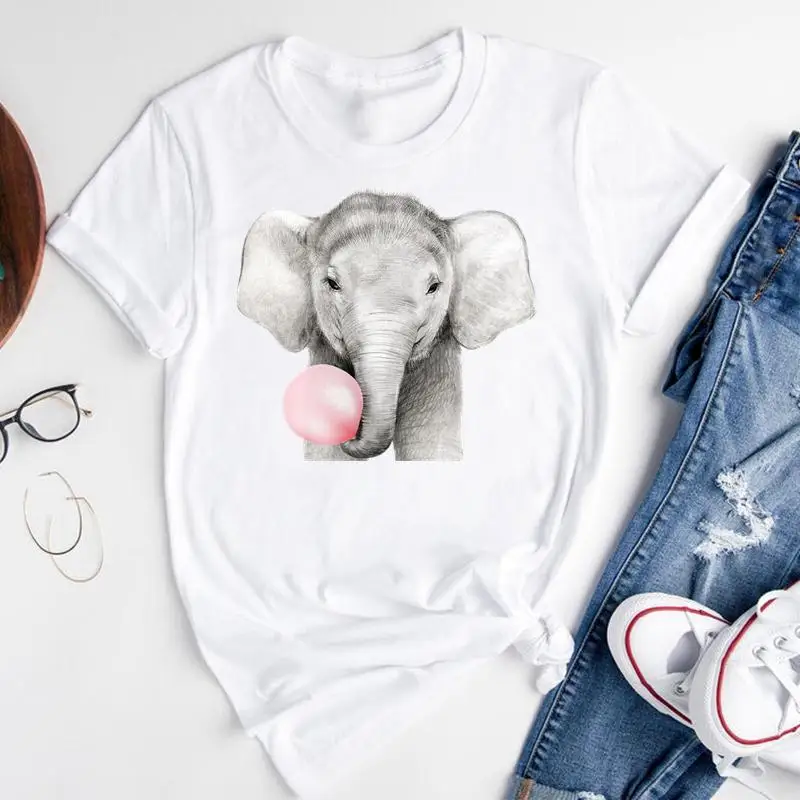 

Women Sweet Cartoon Elephant Animal Funny Printing Short Sleeve Summer Fashion Print Lovely Clothes Tops Tees Tshirt T-Shirt