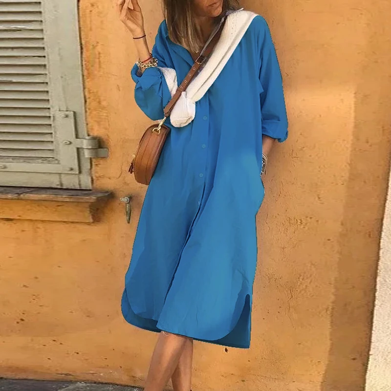 

Elegant Single Breasted Long Sleeve Dress Spring Autumn Casual Office Shirt Dress Retro Lady Turn-down Collar Pocket Long Dress