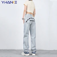 stylish y2k high street womens mens hip hop harajuku flame letter print denim trousers vintage washed straight pants