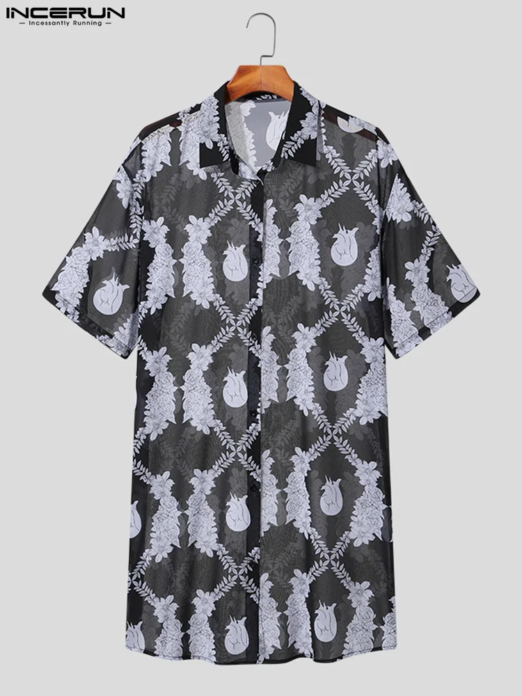 INCERUN Tops 2022 Sexy Men Printed Sheer Short Sleeve Long Shirts Casual Streetwear All-match Male Fancy Thin Lapel Blouse S-5XL