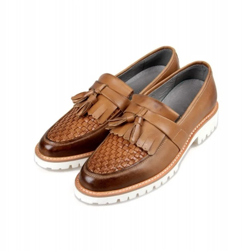 

England Men Style Business Real Leather Shoes Designer Breathable Weave Tassel Slip On Casual Shoes Office Platform Loafers