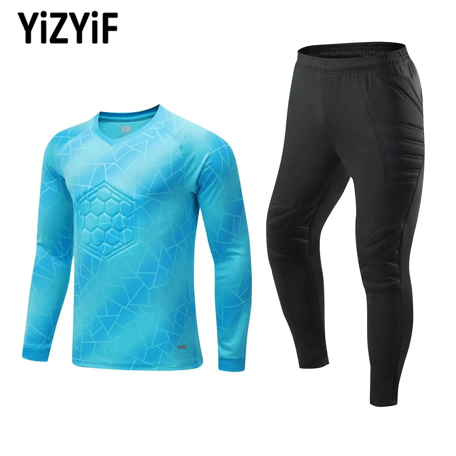 

Boys Football Soccer Goalkeeper Uniform Sport Outfits V Neck Long Sleeve Print Top+Pants Suit for Football Training Sportswear