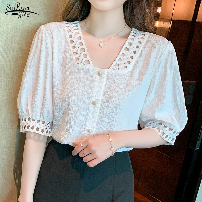 

Женская ажурная шифоновая блузка, белая офисная блузка с коротким рукавом и V-образным вырезом, лето 20181