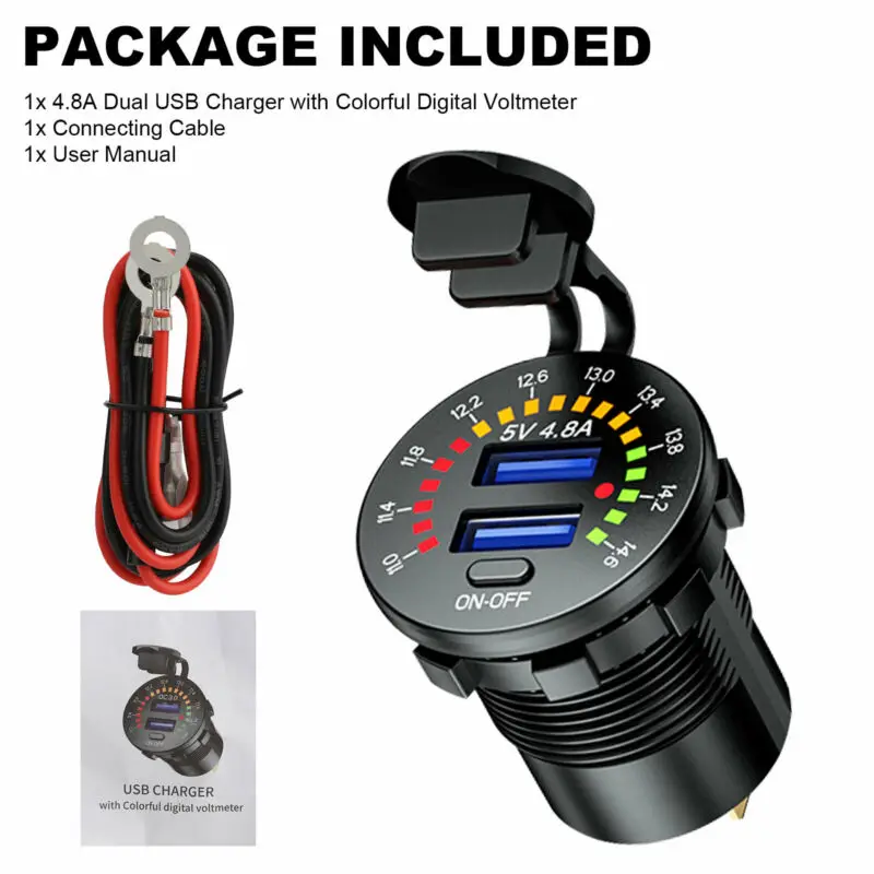 

12V Dual USB 4.8A Fast Car Charger Socket Power Outlet W/ LED Digital Voltmeter Auto USB Adapter Upgraded With Connecting Cable