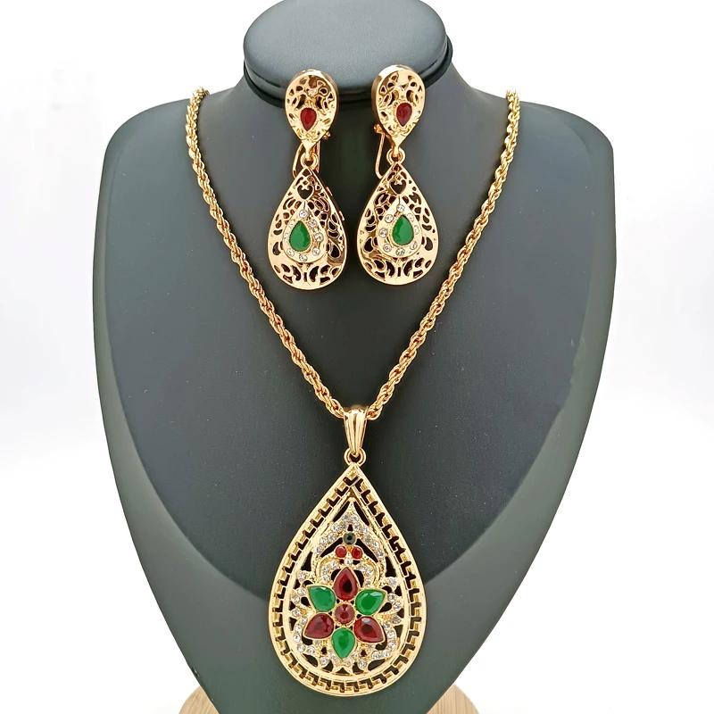

New Arabian Ladies Wedding Jewelry Set Robe Necklace Red Green Faux Stone Earrings Algerian Metal Flower Pendant Necklace