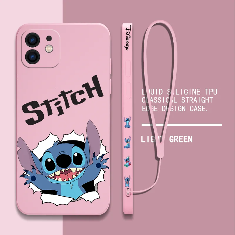 

Disney Side Print Stitch Phone Case For iPhone 14 13 12 11 Pro Max Mini XR XS SE 8 7 Plus 6 6S Plus Silicone Cover With Lanyard