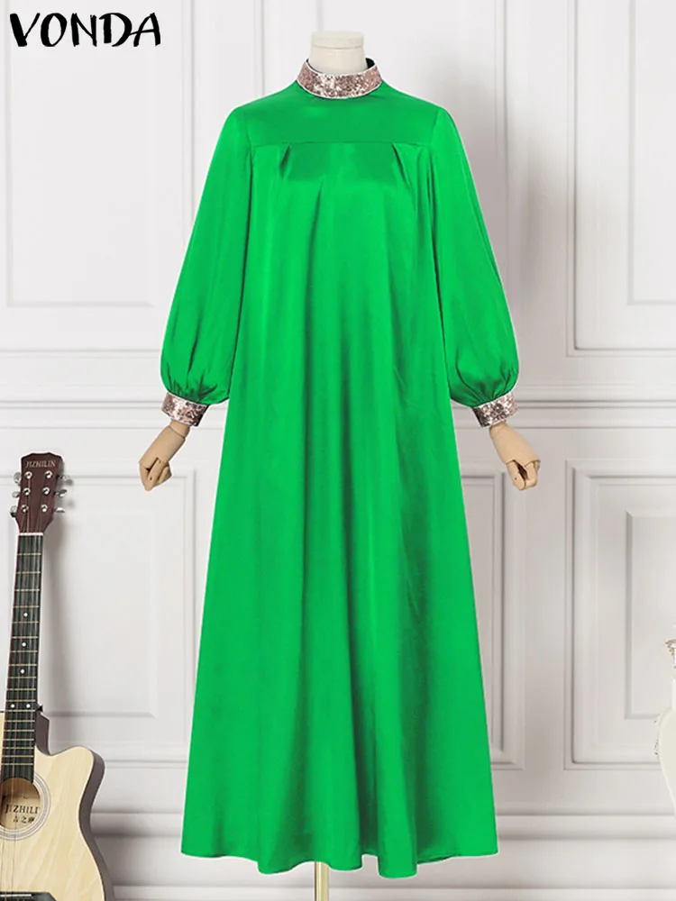Plus Size Women 2023 Summer Maxi Dress VONDA Elegant Satin Sundress Lantern Sleeve Patchwork Stand Collar Pleated Party Robe