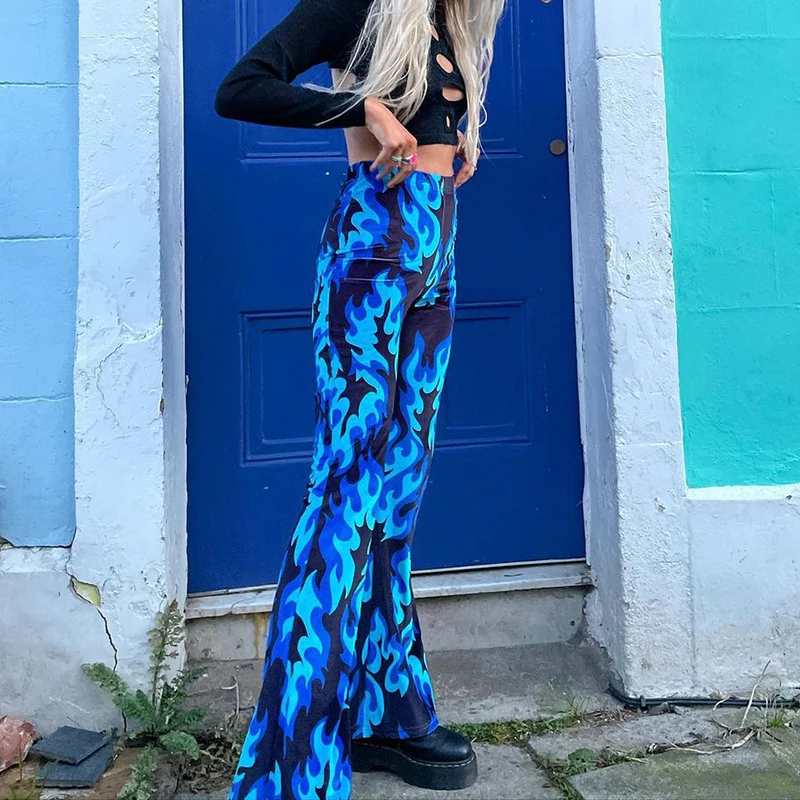 

Sunny y.j. Streetwear Fire Printed Hippie Pants Women Blue 2000S Aesthetic High Waisted Grunge Pants Capri Harajuku Sweatpants