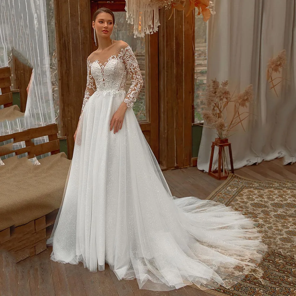 Купи Glitter White Long Sleeves Wedding Dresses Lace A Line Boat Neck Appliques Bridal Gown For Women Robe De Mariee за 7,644 рублей в магазине AliExpress