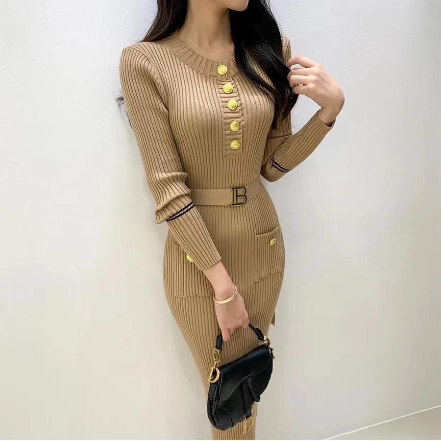 

Korean Winter New Elegant Temperament Slim Elastic Fit Round Neck Waist Wrap Hip Bottom Skirt