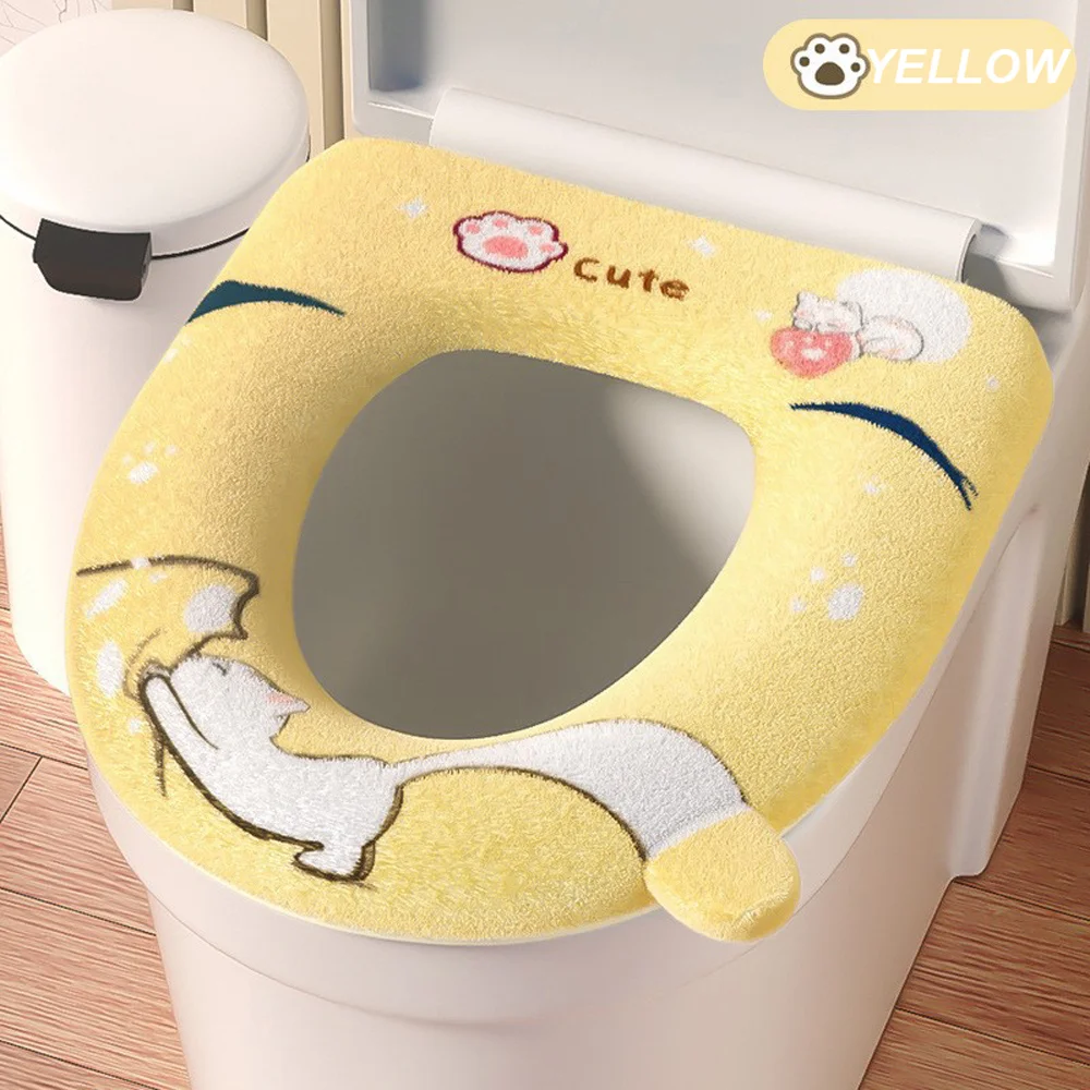 

Cute Cartoon Cat Toilet Seat Cover Four Seasons Universal Plush Warm Toilet Seat Protect Case with Handle Can Be Removed Washed