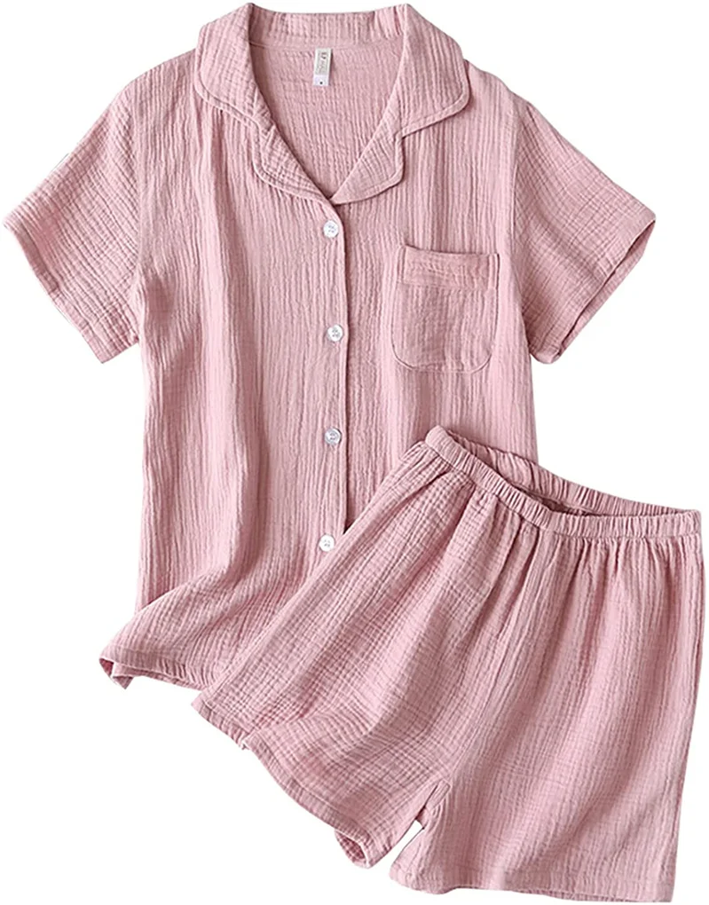 

Shanghai Story Lounge Set Cotton Sleepwear Short Sleeve Button Down Lingerie Cotton Nightwear Pajamas Set PJS for Couple