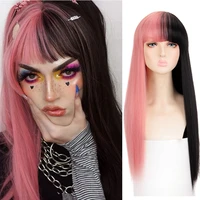 manwei synthetic wig 27inch long straight with bangs half black half pink cosplay hair lolita for women