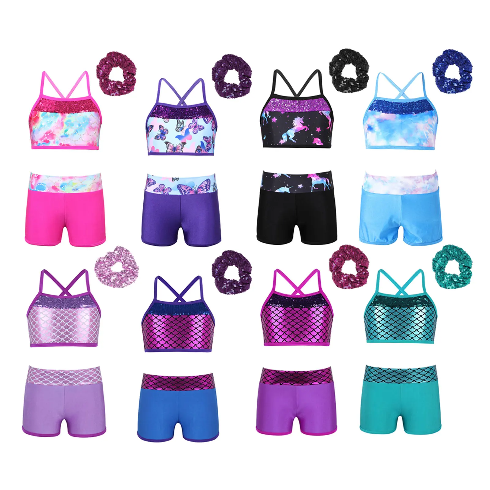 Детский танцевальный набор для девочек футболка с принтом русалки и шорты