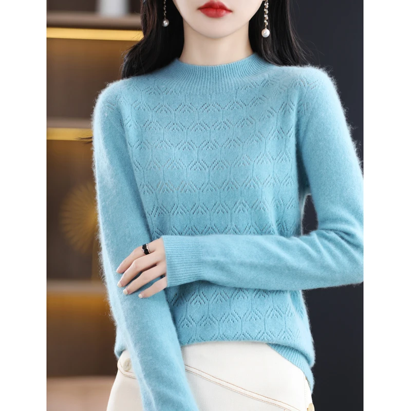 

Женский пуловер, новинка осень/зима, свитер из 100% шерсти, повседневная трикотажная одежда, женские топы, Повседневная ажурная блузка с полувысоким воротником