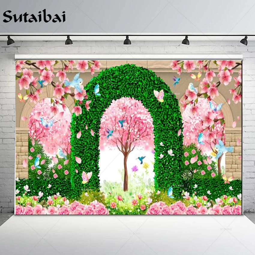 

Фон для фотосъемки с изображением весеннего сада, цветов, розовых девушек, дня рождения, Дня Святого Валентина, свадьбы, девичника, зеленой т...