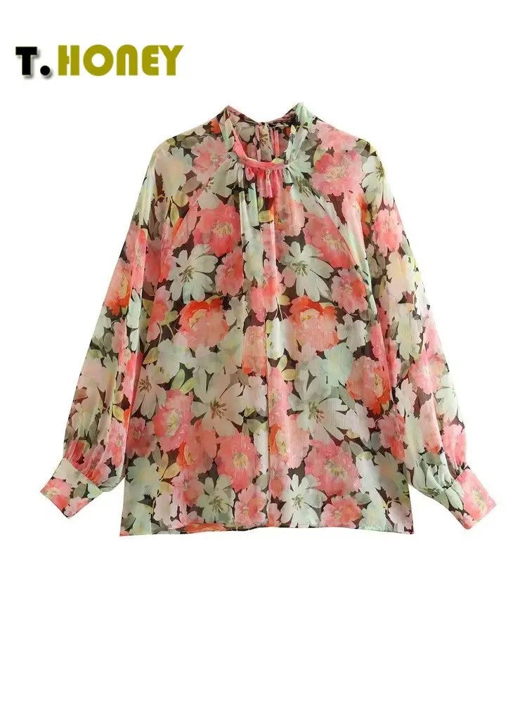 

TELLHONEY Women Fashion O-Neck Back Lace Up Hollow Out Blouses Female Casual Long Sleeves Loose Flowers Print Pullover