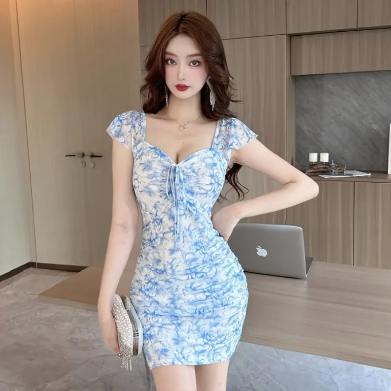 

Women's Dress Shirring Above Knee Flying Sleeve Floral Print Lace-up Dresses V-Neck Slim High Waist Vestidos Bodycon Dropship