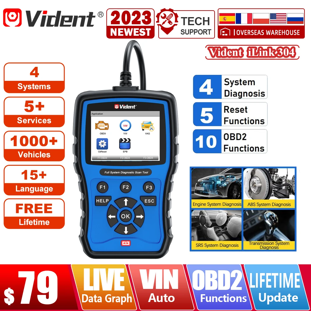 

Vident iLink304 OBD2 сканер 4 система двигателя ABS SRS коробка передач автомобильный диагностический инструмент для масла EPB SAS BMS устройство для сброса...