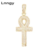 Lnngy Iced Out Egyptian Ankh Cross Charm Pendant 10K Solid Yellow Gold CZ Hip Hop Religious Faith Jewelry Gift for Men Women