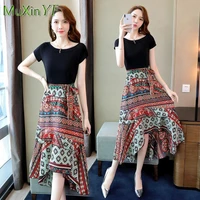 womens short sleeve dress 2022 summer new elegant vintage chiffon long skirt korean fashion print dresses female pleated skirts