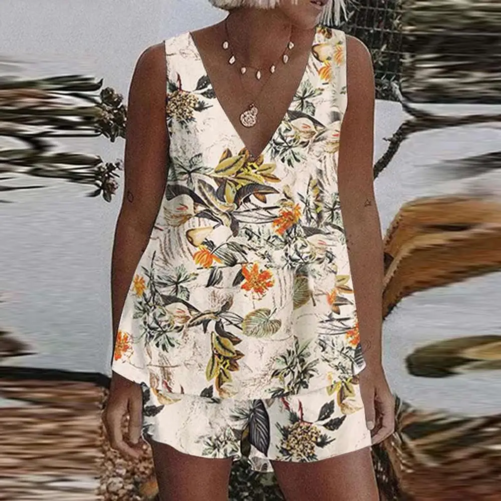 

Yfashion 2pcs Women Tracksuit Cotton Linen Fashion Floral Printing Sleeveless V-neck T-shirt Shorts Casual Pants Suit