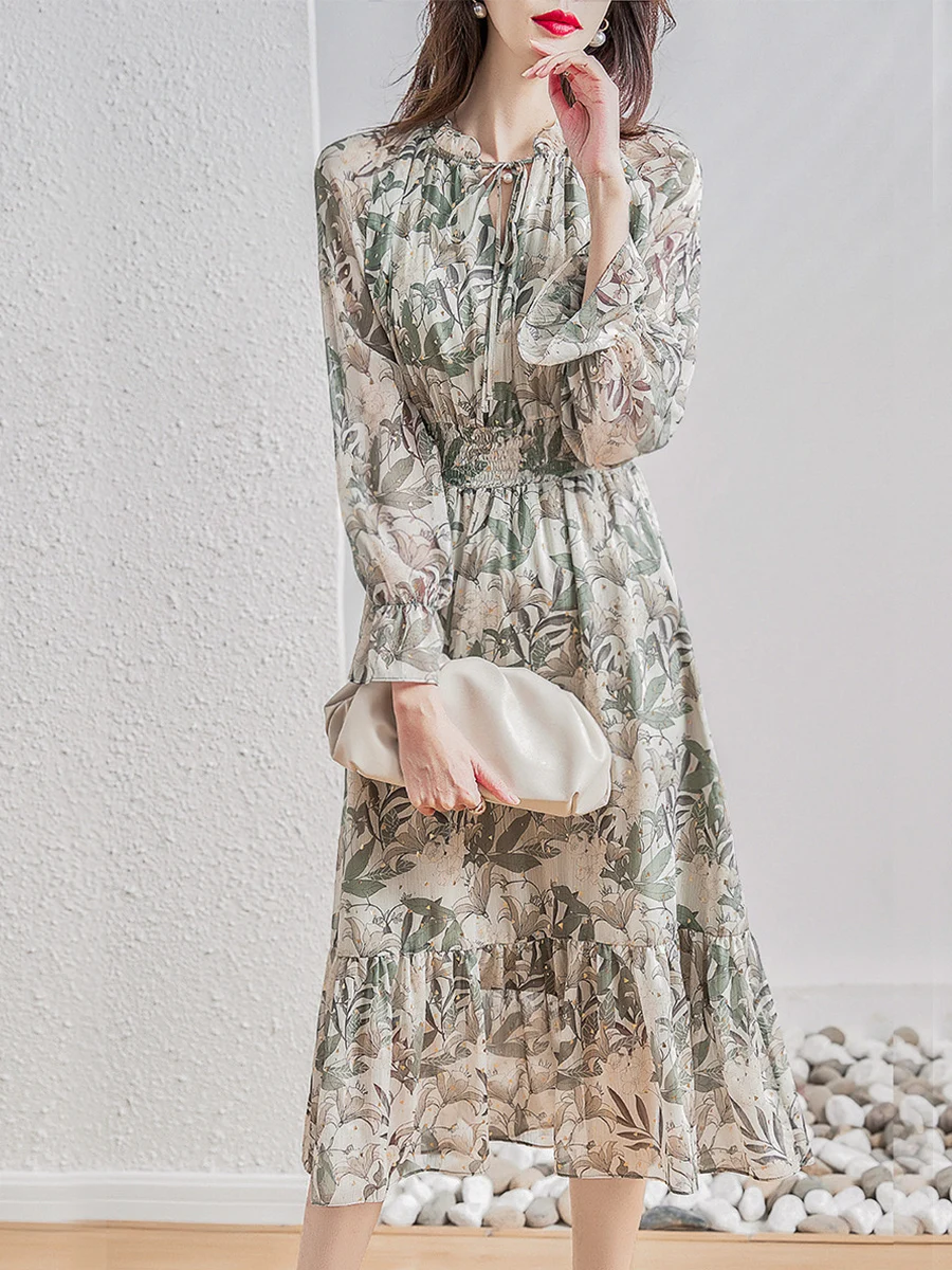 

Spring New Women's Floral Dress Elegant Long Sleeve Patchwork V-neck Pullover Slim Casual A-line Ladies Dresses For Summer Chic