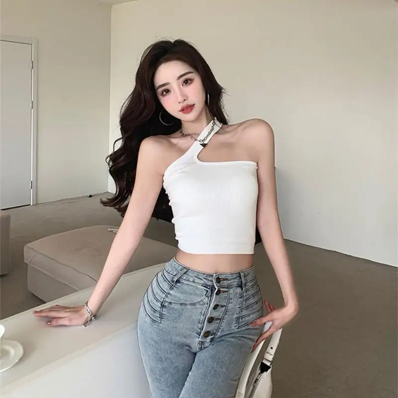 Women Summer Irregular Halter Neck Camisole with Shelf Bra Chest Pad Ribbed Knit Hollow Out Off Shoulder Crop Tube Top Basic Ves