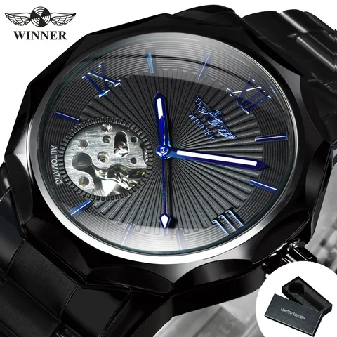 Мужские механические часы WINNER, синие автоматические часы с экзотическим циферблатом, с геометрическим рисунком