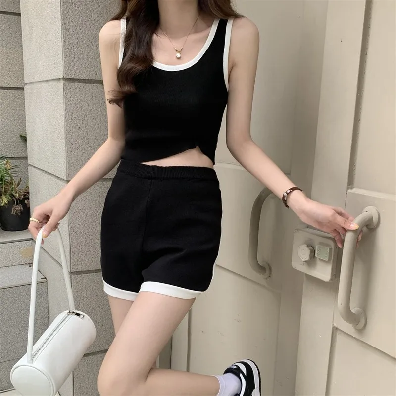 

Sports Suit Knit Shorts Women 3 Colors Camisole Sexy Panelled Cropped Top Hot Girl Casual Daily Streetwear Slim Two Piece Sets