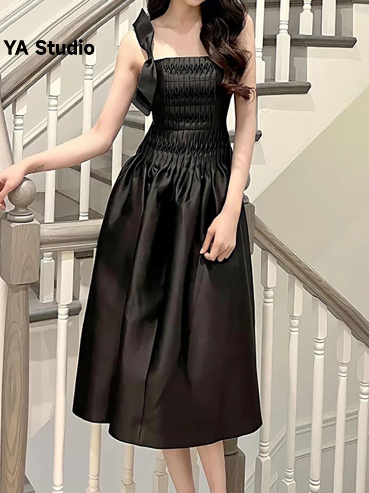 

[YA Studio] Women Evening Dress One Shoulder Camisole Bow Sleeveless High Waist Solid Color Fashion Dresses Summer 2023 New