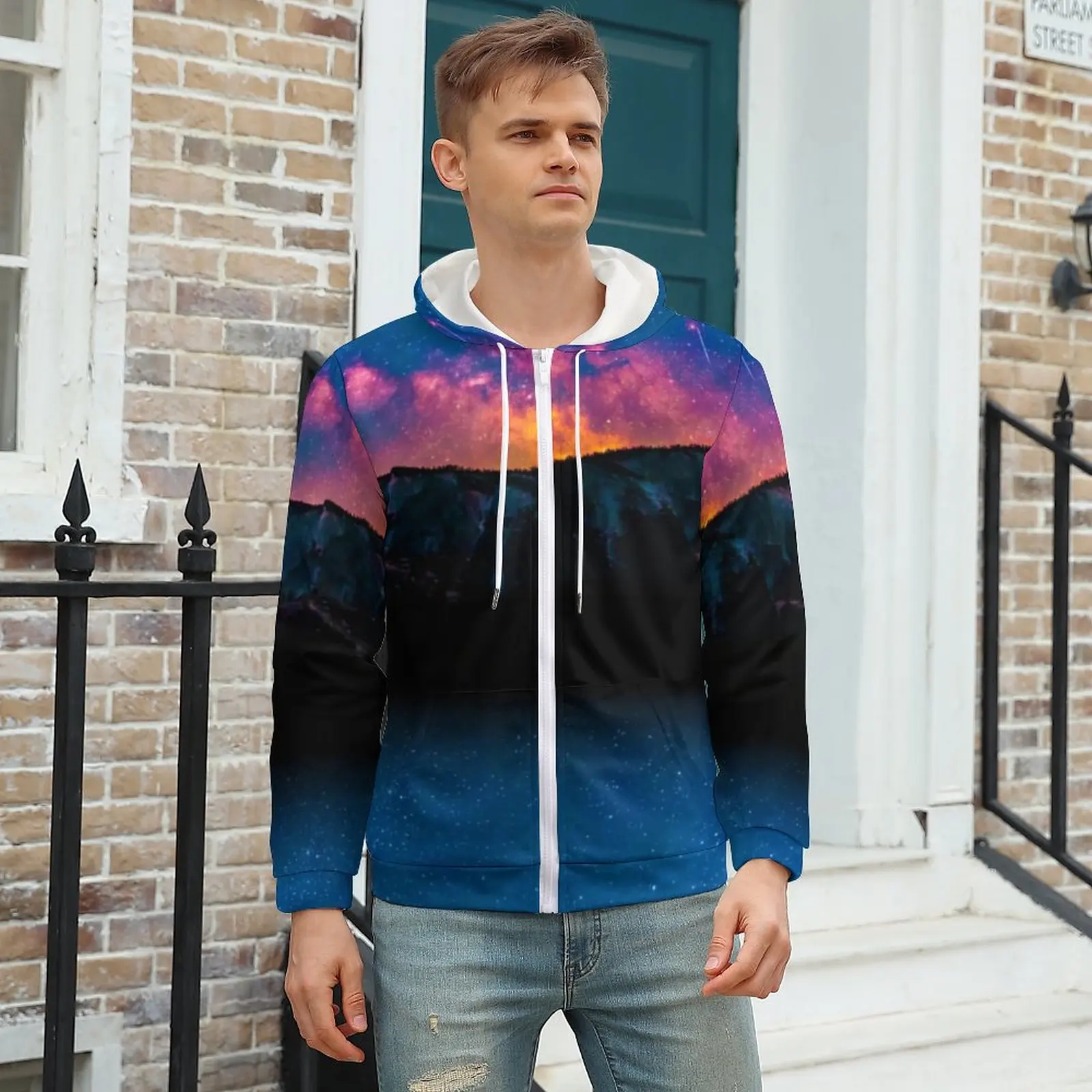 

Rocky Mountain Casual Hoodies Long Sleeve Galaxy Space Print Elegant Zip Hoodie Spring Men Streetwear Oversized Graphic Clothing