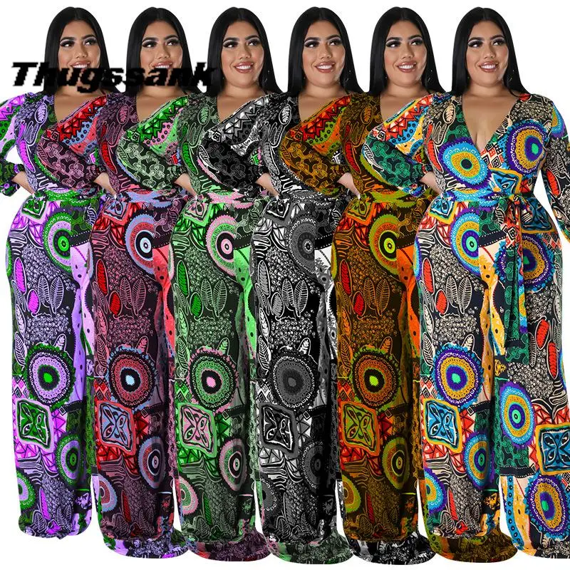 

European and American oversized women's clothing, product 2022 autumn printed multi-color long sleeved jumpsuit in stock