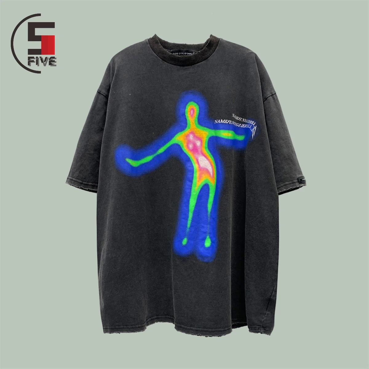 

Футболка мужская с абстрактным принтом, потертая Свободная рубашка с круглым вырезом в стиле ретро, топ оверсайз с рукавом до локтя, в стиле ...