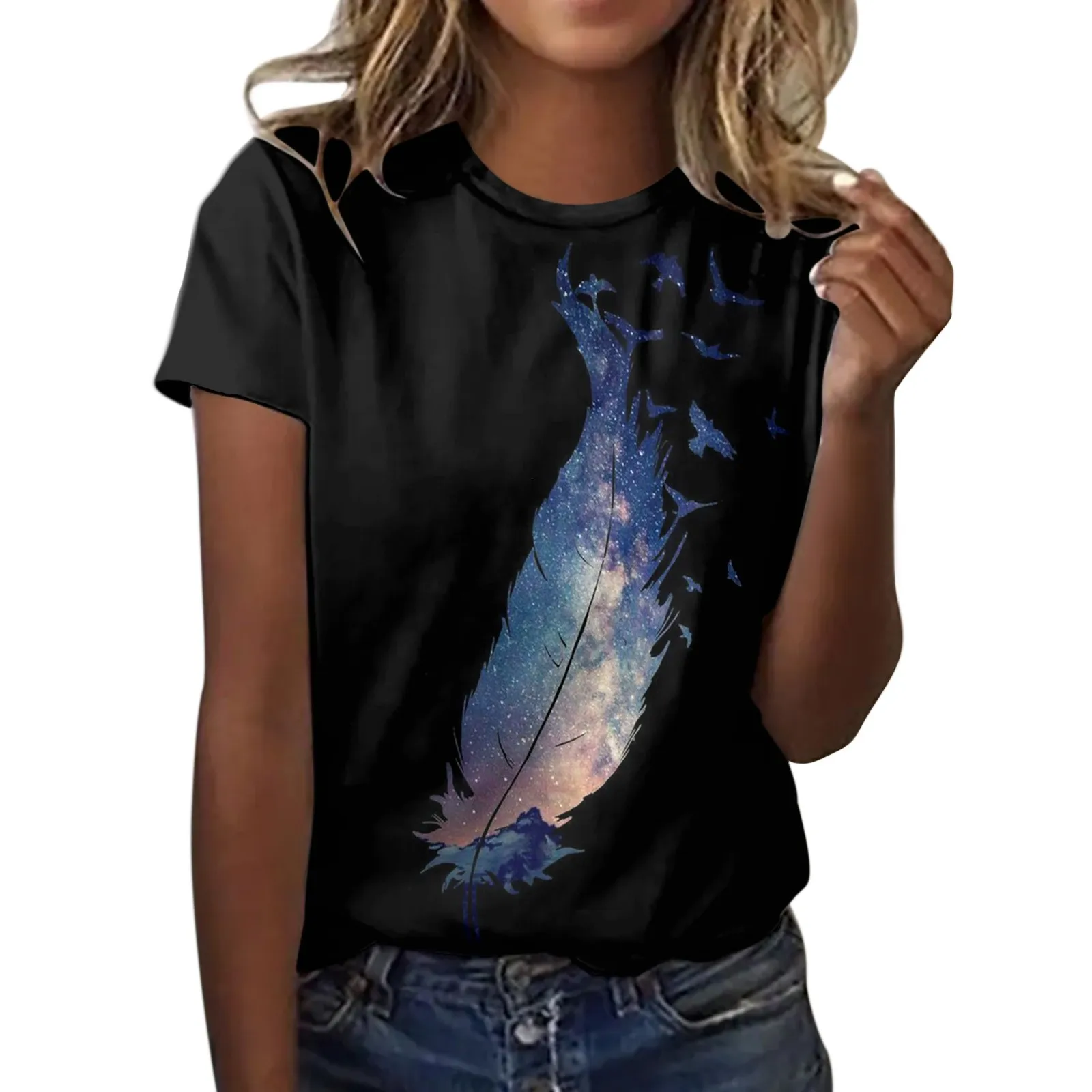 

Блузка женская однотонная с цветочным принтом и коротким рукавом