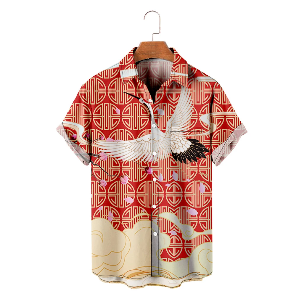 

New Crane Print Style Short Sleeve Shirt Casual Kawaii Unisex Clothing