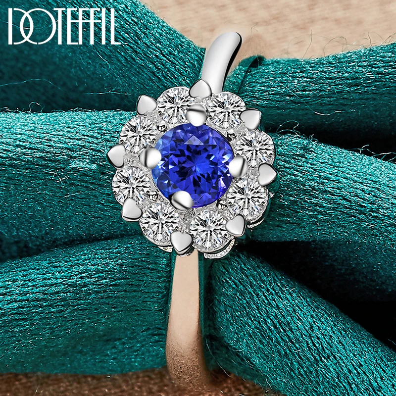 

DOTEFFIL 925 Sterling Silver Bule Round AAA Zircon Ring For Women Man Fashion Wedding Engagement Party Charm Jewelry