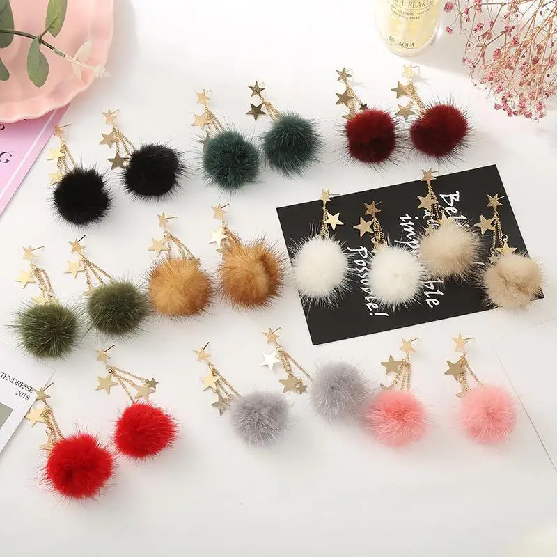 

Five-pointed Star Hairball Earrings for Women 2022 Autumn and Winter New Five-pointed Star Earrings All-match Earrings Jewelry