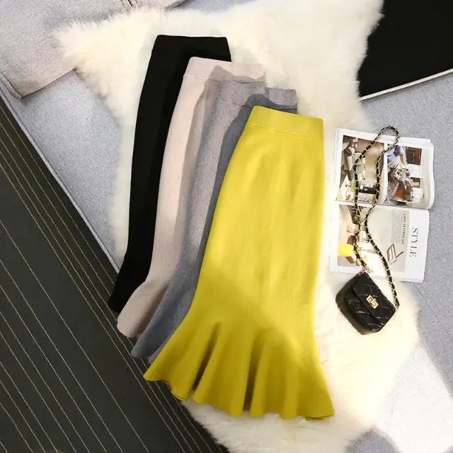 

Women's Autumn Mermaid Skirt High Waist Warm Elegant Knitting Solid Color Skirts Female 2023 New Winter Party Skirts T241
