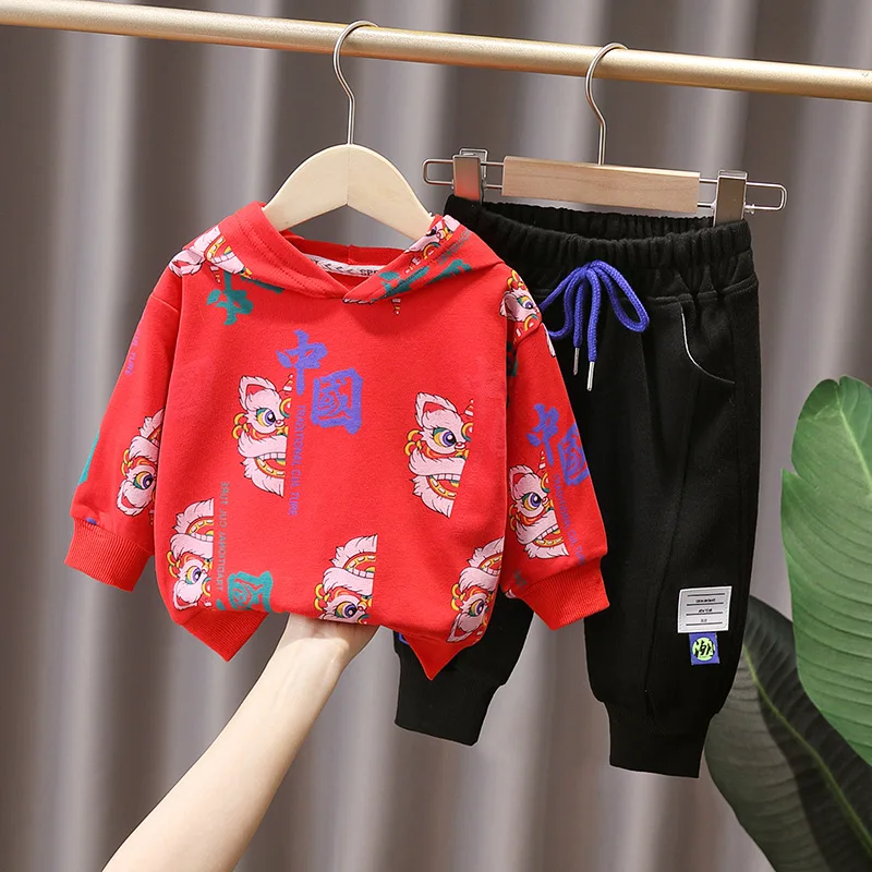 

Детские комплекты одежды в китайском стиле, толстовка с мультяшным рисунком для маленьких мальчиков и девочек + штаны, детские модные костю...
