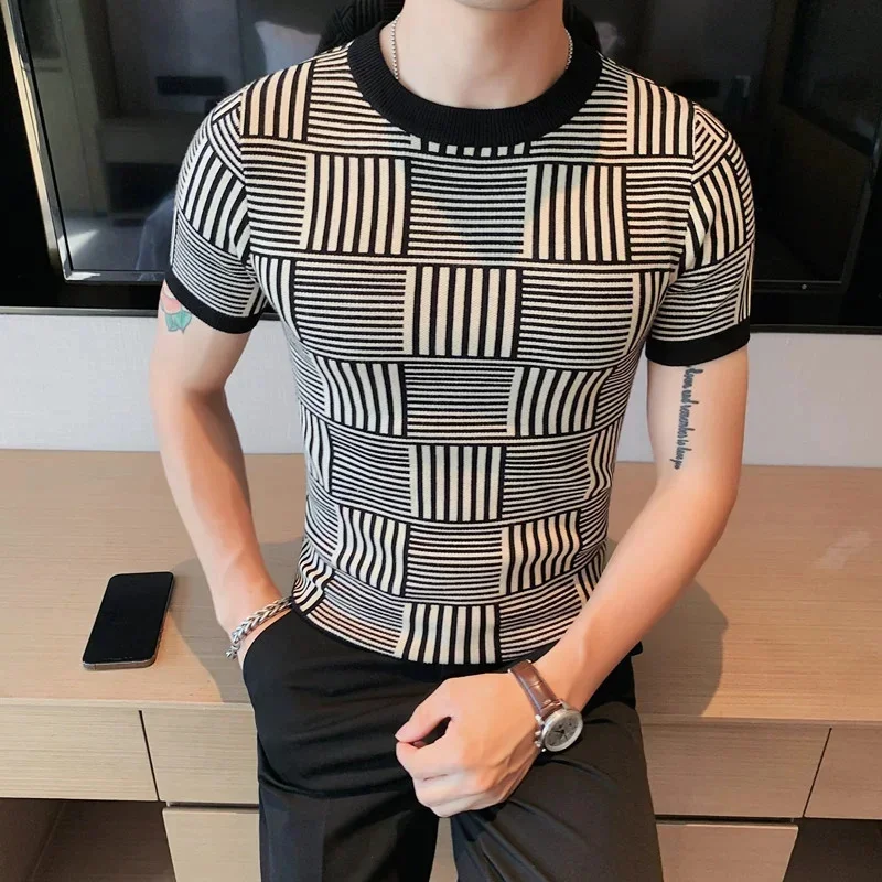 

Britis Sort Sleeve Sweater Men Clotin Slim Fit O-Neck omme Casual Knitted overs Streetwear Plaid Knit Sirt S-4XL