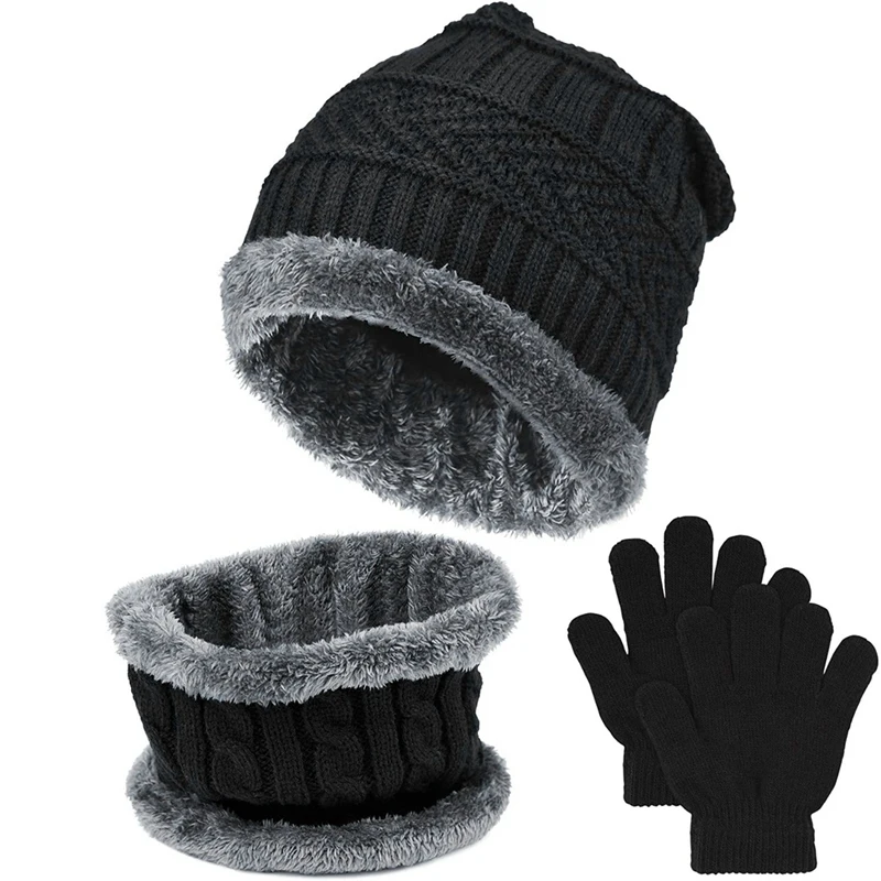 

Зимняя вязаная шапка и шарф-перчатки, плотная шерстяная подкладка для мальчиков и девочек, теплые леггинсы, черные