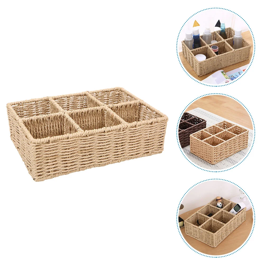 

Basket Woven Organizer Storage Baskets Wicker Compartment Toilet Rattan Holder Makeup Bin Desktop Seagrass Paper Divided