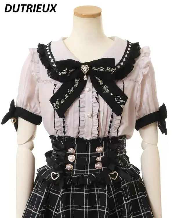 

Heart-Shaped Button Lace Collar Shirt Mine Mass-Produced Short Sleeve Blouse Bow Shoulder Collection Slim Fit Cute Sweet Tops