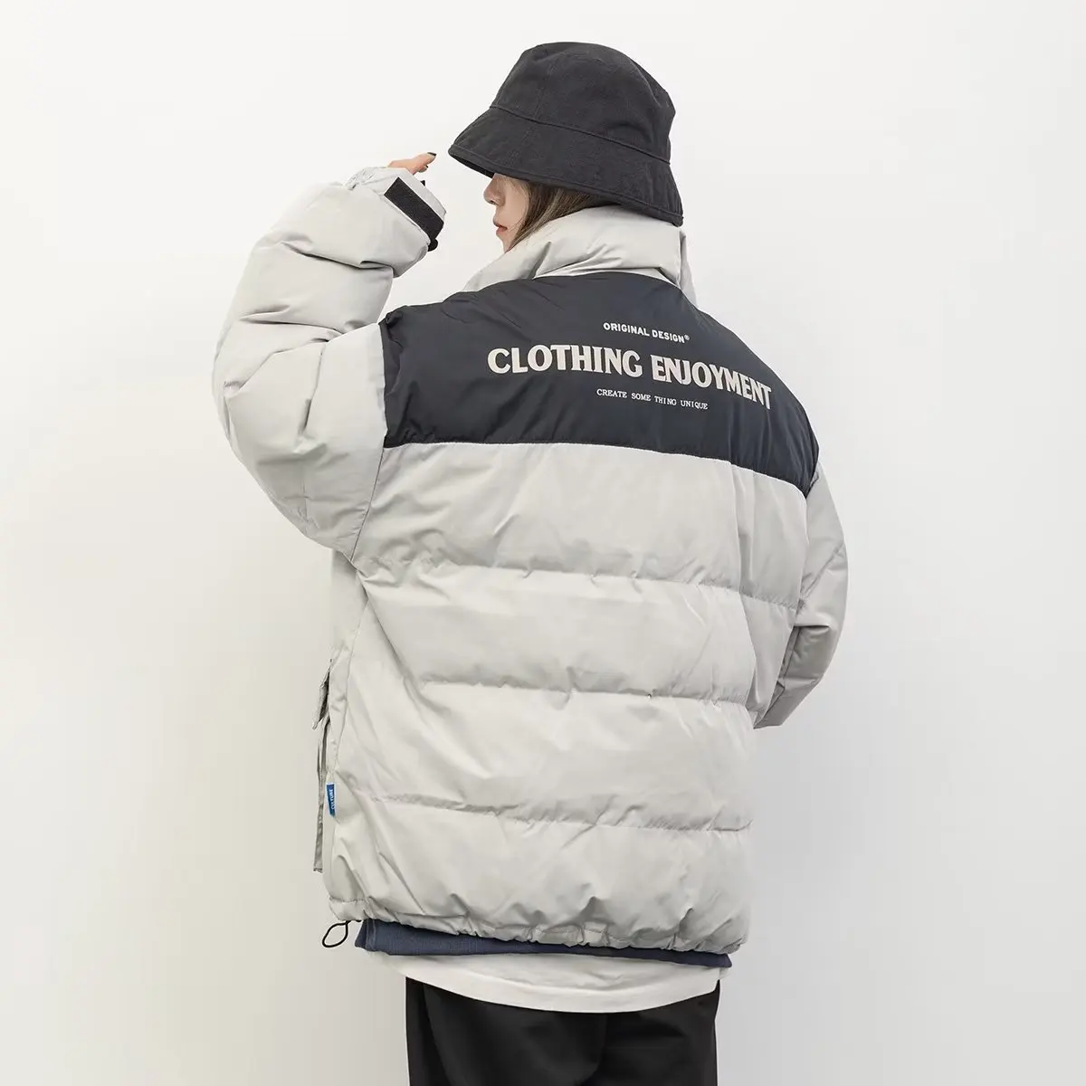 Winter Cotton Padded Clothes Loose Coat High Collar Zipper Cargo Letter Print Patchwork Harajuku Woman Casual Streetwear