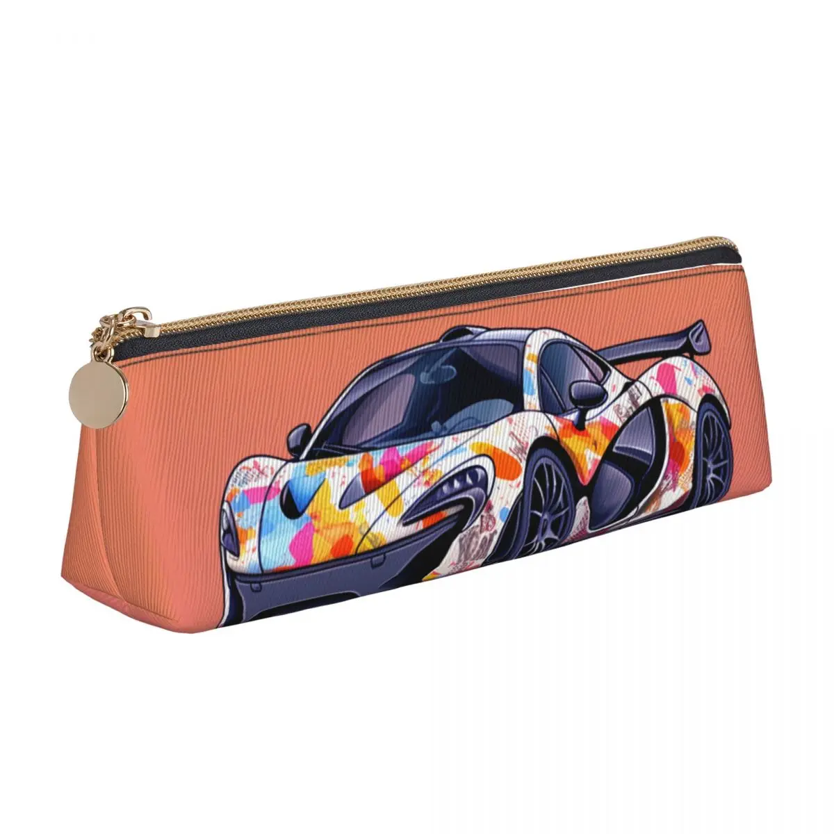 

Powerful Sports Car Leather Pencil Case Graffiti Simplified Form Stationery For Teens Pencil Box Print Triangle Pen Organizer