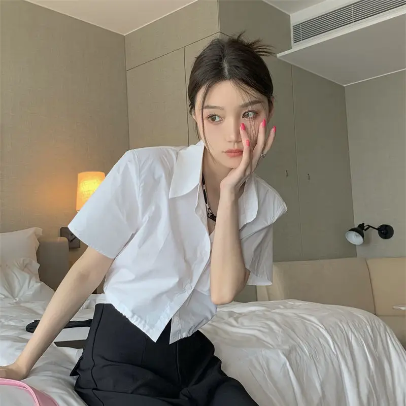 

Deeptown Cropped Blouses White Shirts Women Chic Korean Style Short Sleeve Tops Oversized Female Kpop Fashion Summer Streetwear