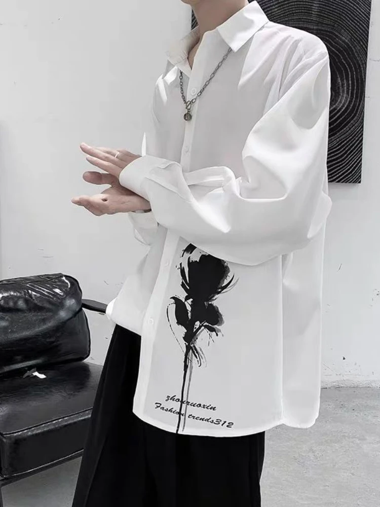 

Hong Handsome Gothic Men's Japanese Style Rose Shirt Blouse Print Top Casual Trend Korean Loose Long-sleeved Kong Streetwear Ink